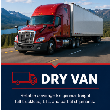 Red semi truck hauling a dry van trailer on the highway